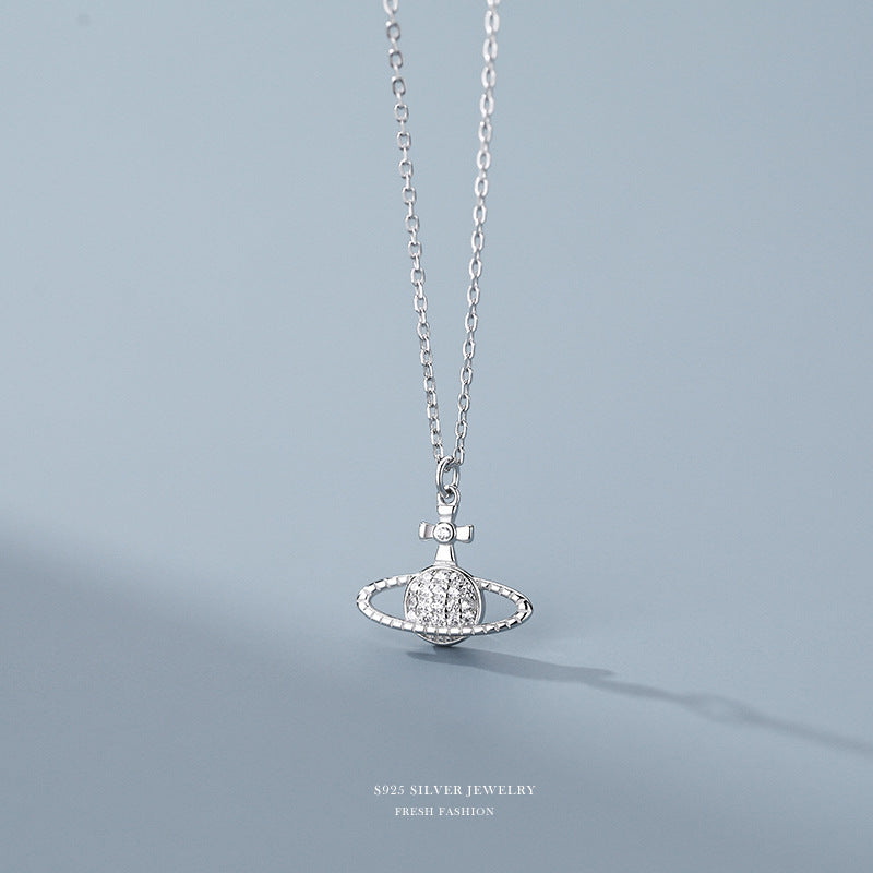 Silver 925 Saturn and zircon stone jewelry set with necklace and earring
