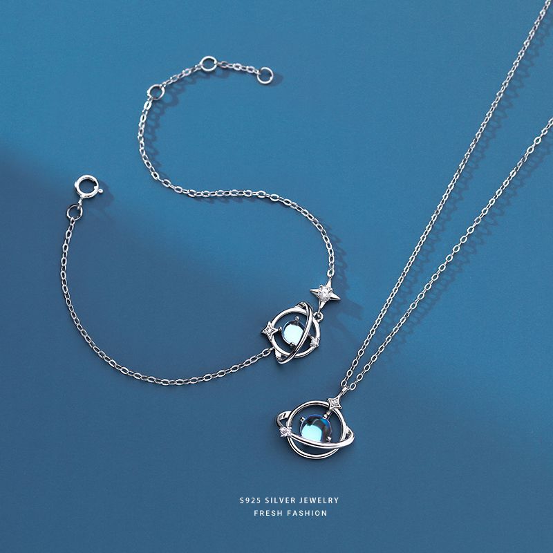 Silver 925 Saturn jewelry set with necklace and braclace