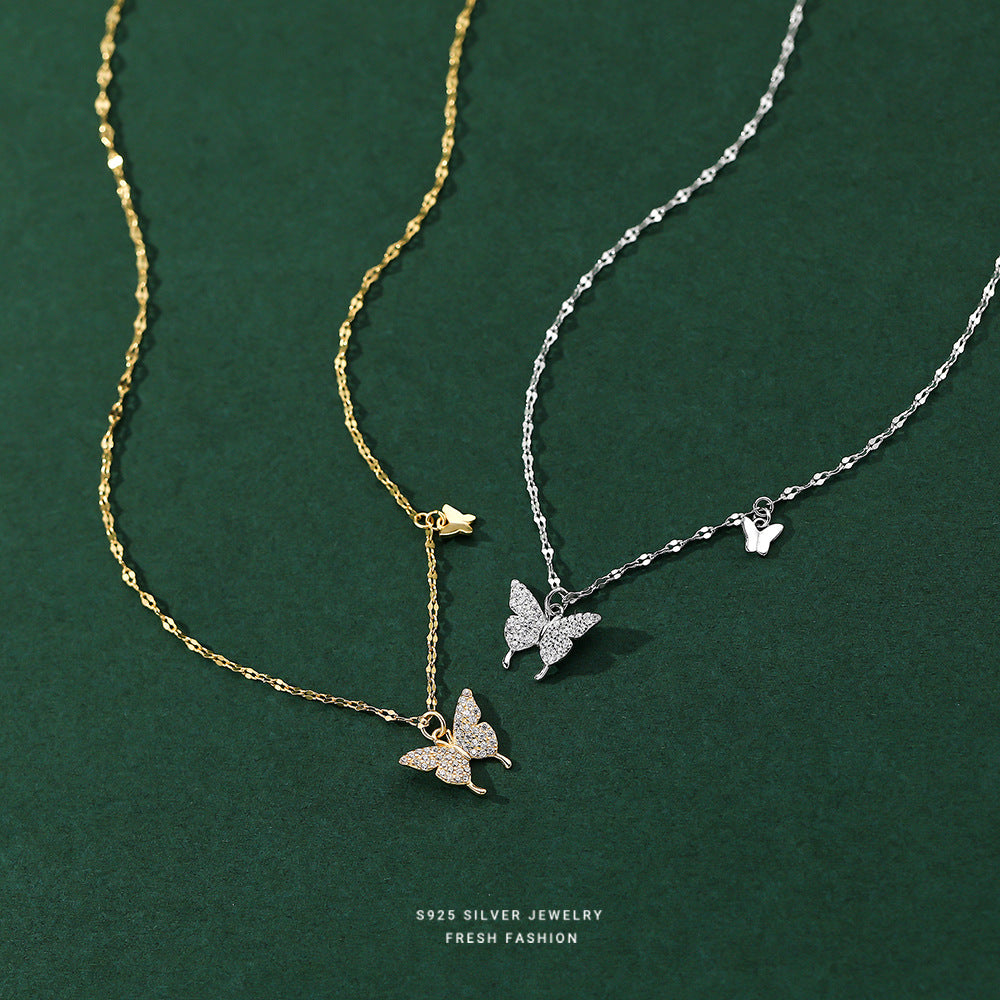 silver 925 necklace korean design Zirconia double butterfly design!