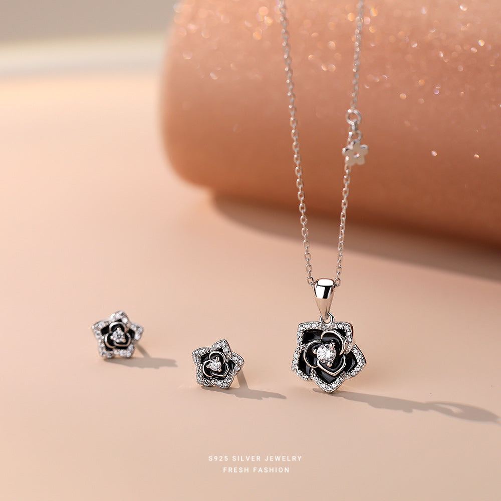 925 Sterling Silver Black Camellia Swirl Jewelry Set ~ Necklace Earrings ~