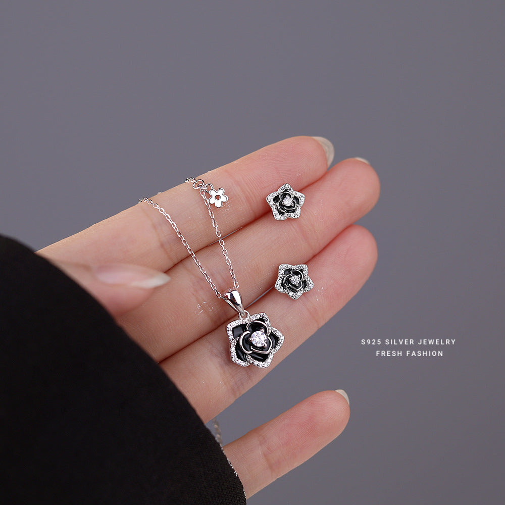 925 Sterling Silver Black Camellia Swirl Jewelry Set ~ Necklace Earrings ~