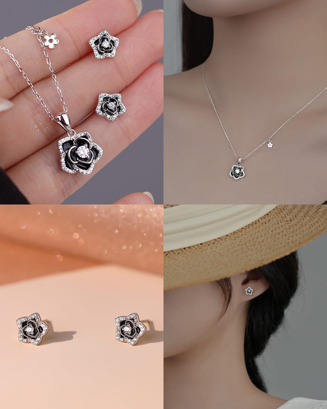 925 Sterling Silver Black Camellia Swirl Jewelry Set ~ Necklace Earrings ~