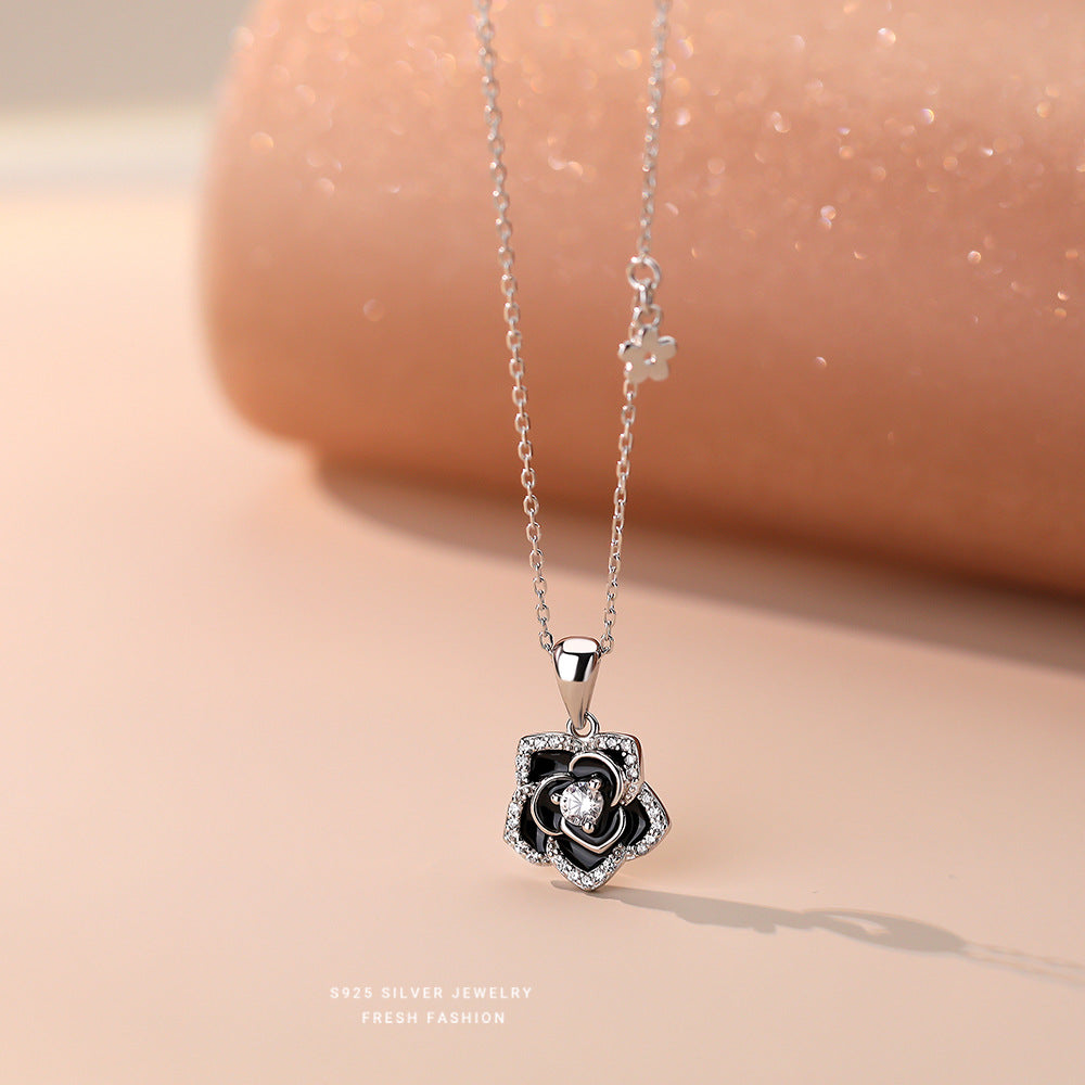925 Sterling Silver Black Camellia Swirl Jewelry Set ~ Necklace Earrings ~