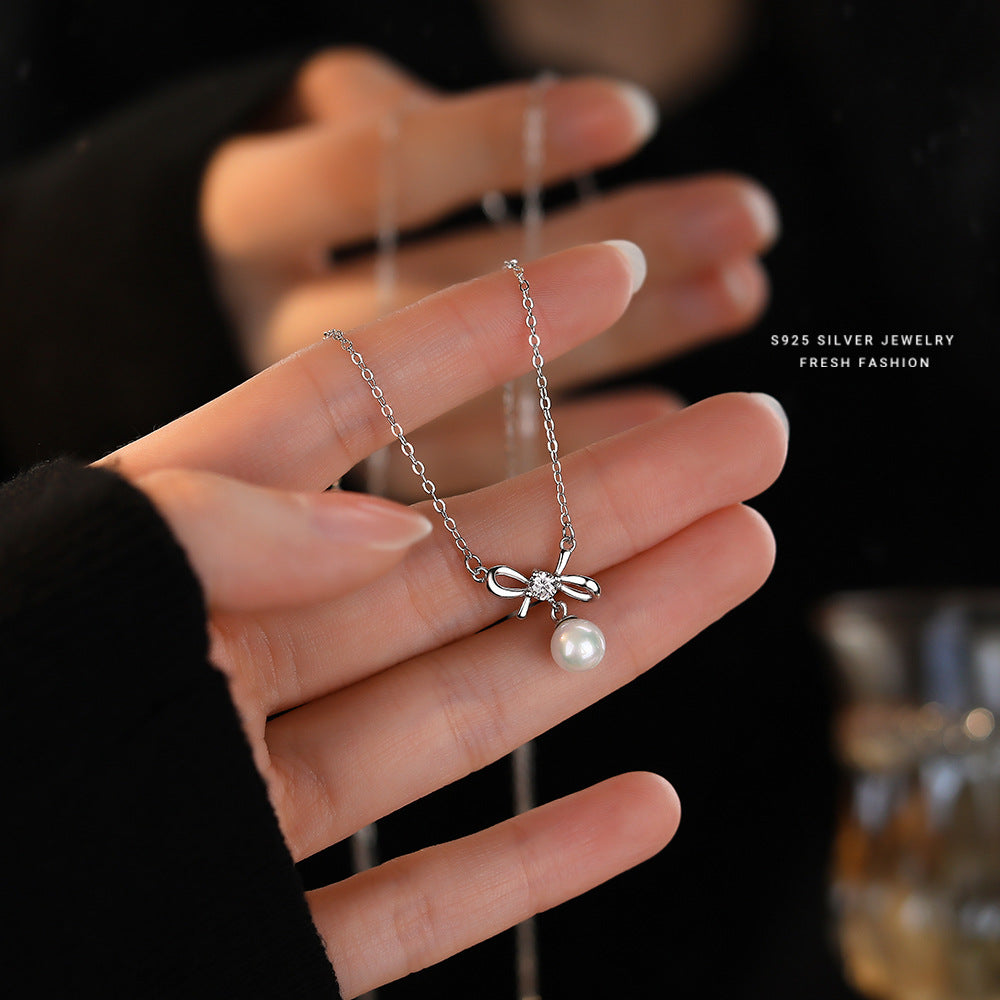 silver 925 necklace korean design bow shell pearl design!
