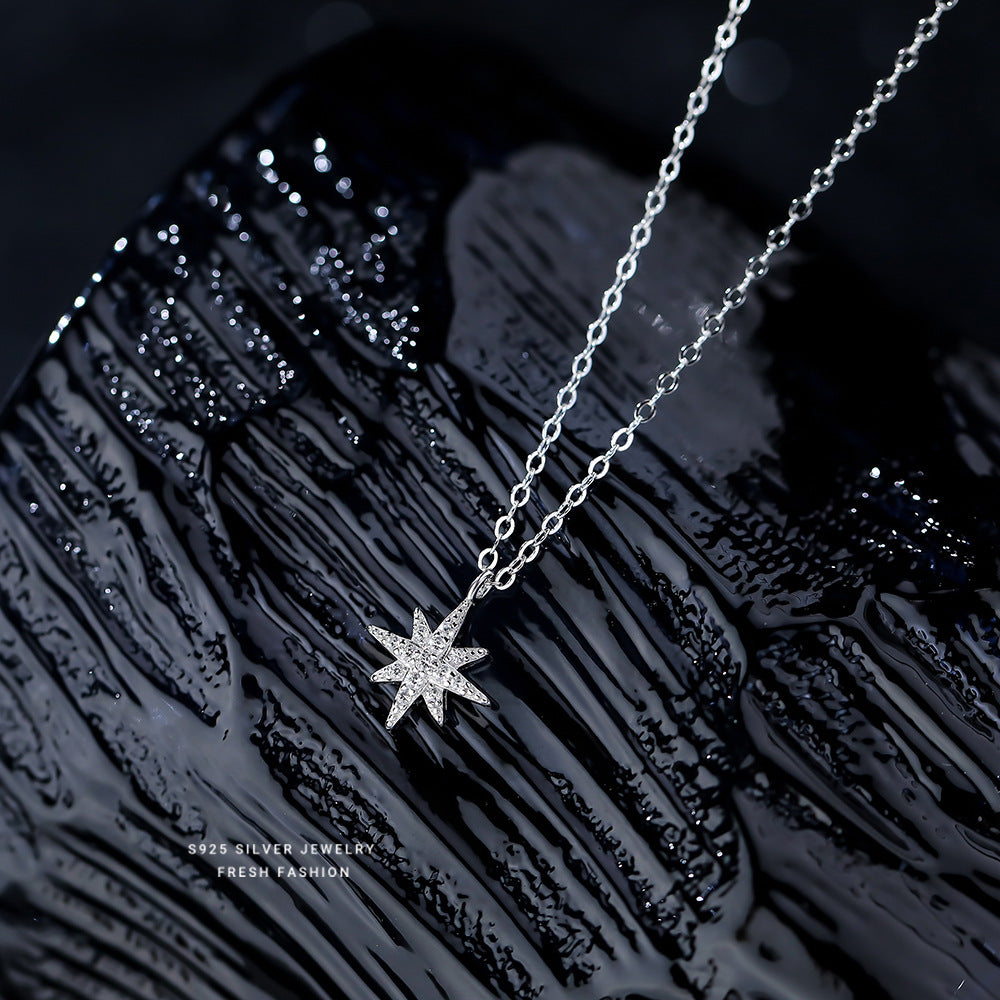 925 sterling silver eight-pointed star zircon jewelry set ~ necklace, bracelet, earrings ~