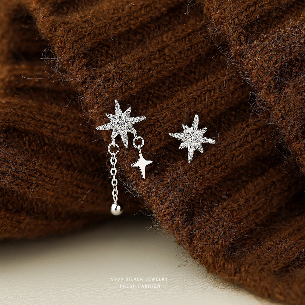 925 sterling silver eight-pointed star zircon jewelry set ~ necklace, bracelet, earrings ~
