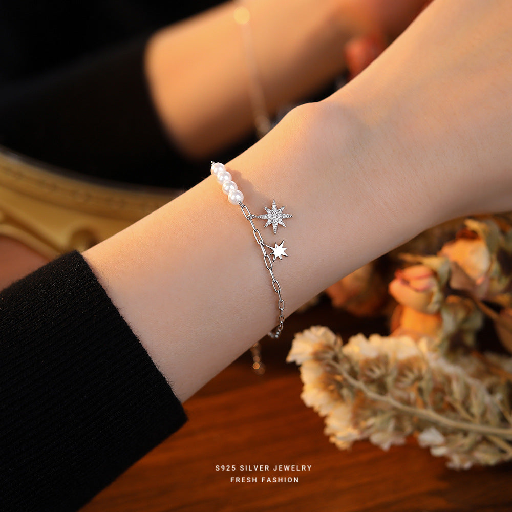 925 sterling silver eight-pointed star zircon jewelry set ~ necklace, bracelet, earrings ~