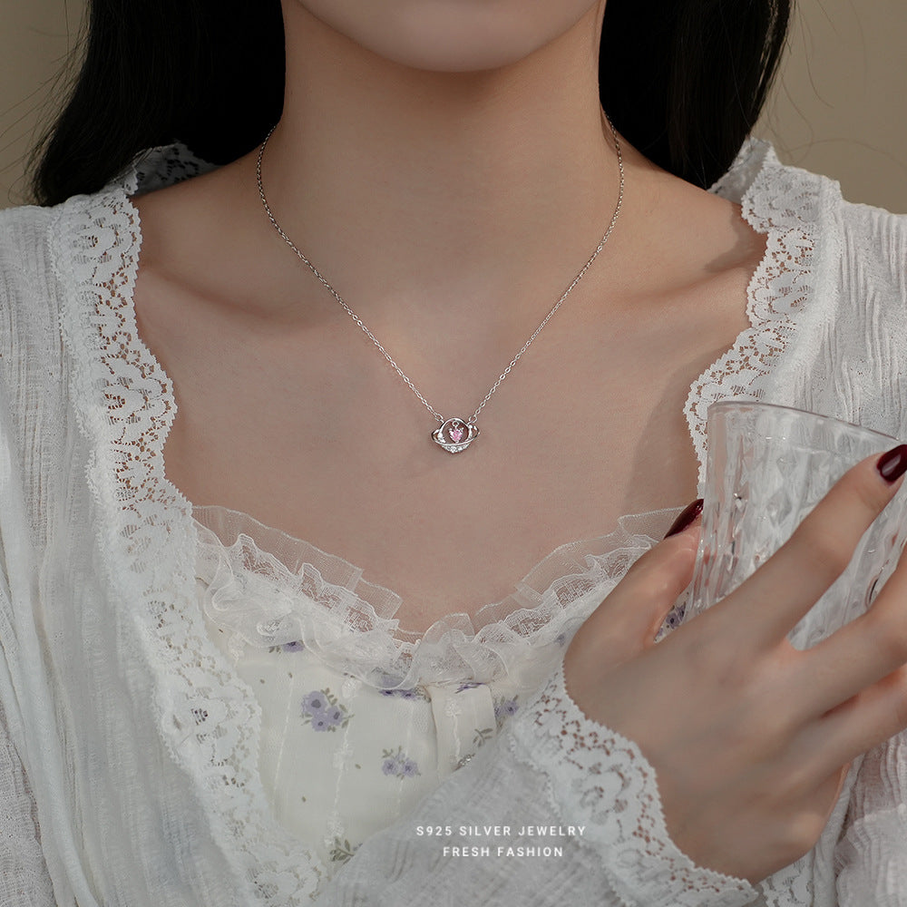 silver 925 necklace korean design Saturn heart design!