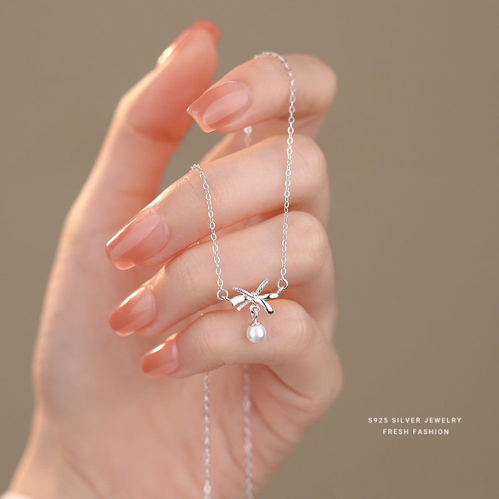 925 sterling silver special bow jewelry set ~ matte and shiny ~ necklace earrings ~