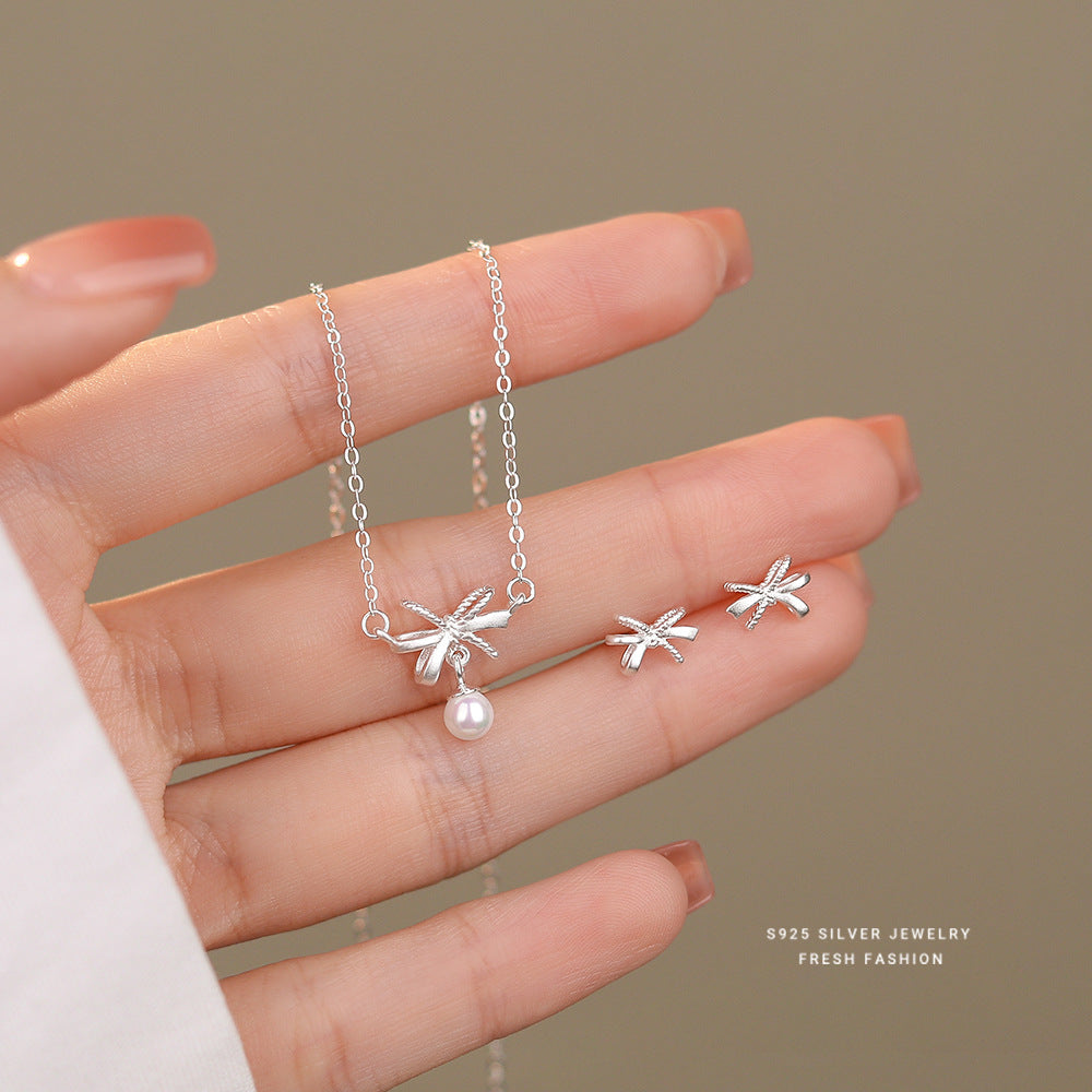 925 sterling silver special bow jewelry set ~ matte and shiny ~ necklace earrings ~
