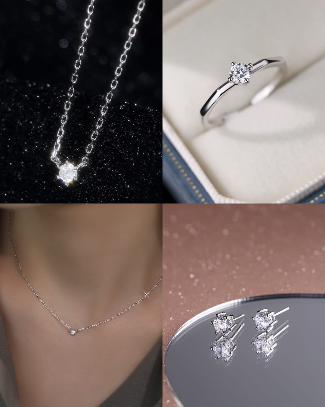925 sterling silver simple claw diamond zircon jewelry set ~ necklace earrings ring ~