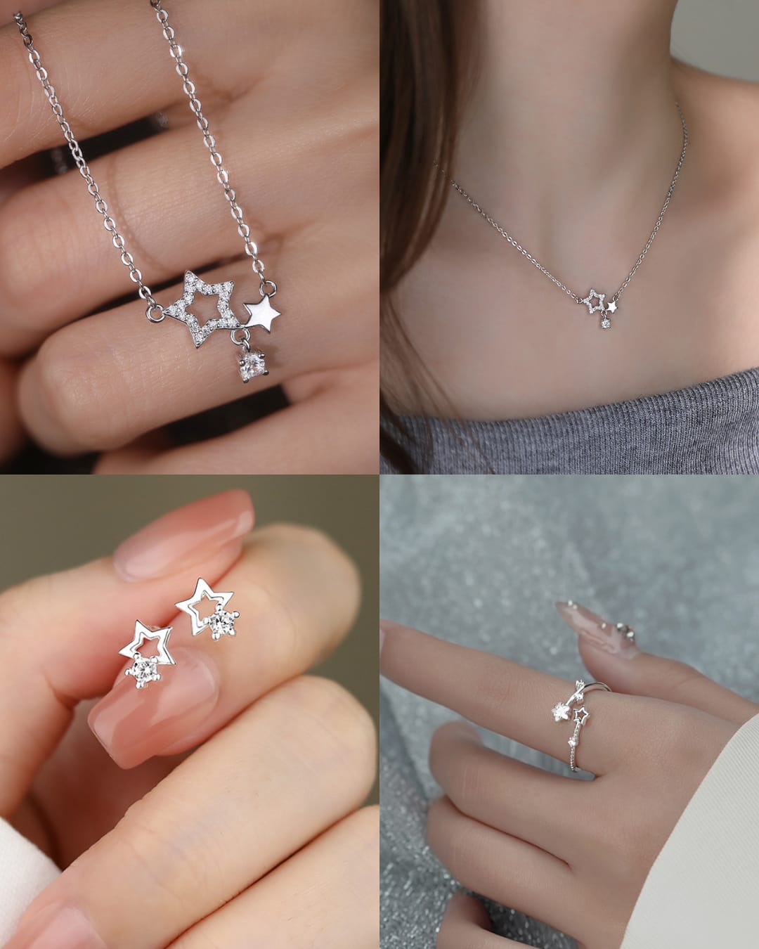 925 sterling silver star-shaped zircon inlaid jewelry set ~ necklace earrings ring ~