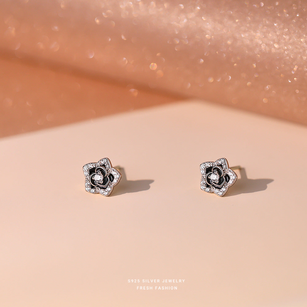 925 Sterling Silver Black Camellia Bead Earrings