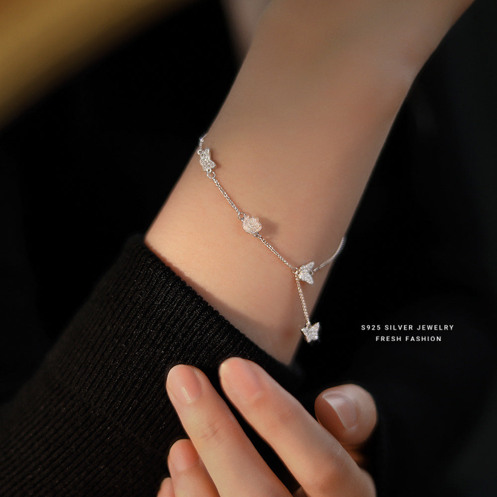 925 sterling silver simple flower butterfly zircon jewelry set ~ necklace bracelet ring ~
