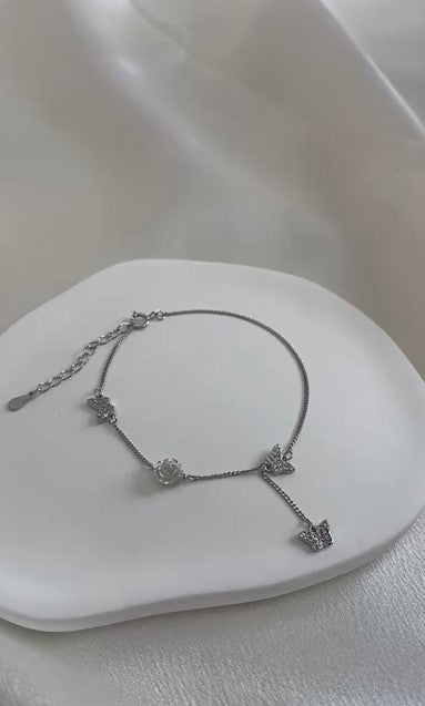 925 sterling silver simple flower butterfly zircon jewelry set ~ necklace bracelet ring ~