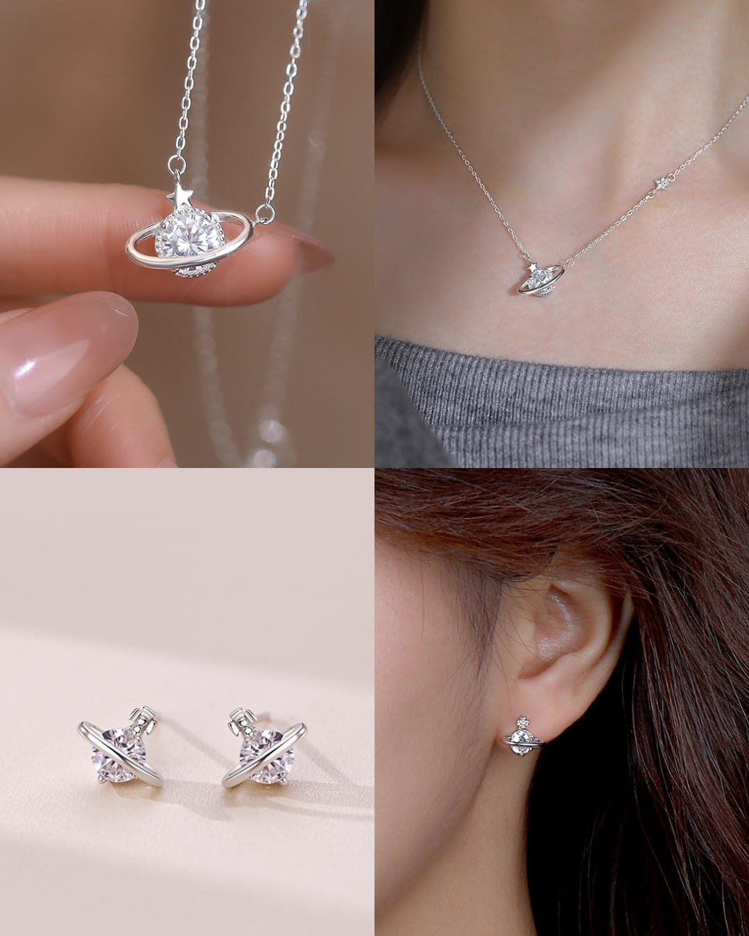 Silver 925 Saturn and star jewelry set with necalace and earrings