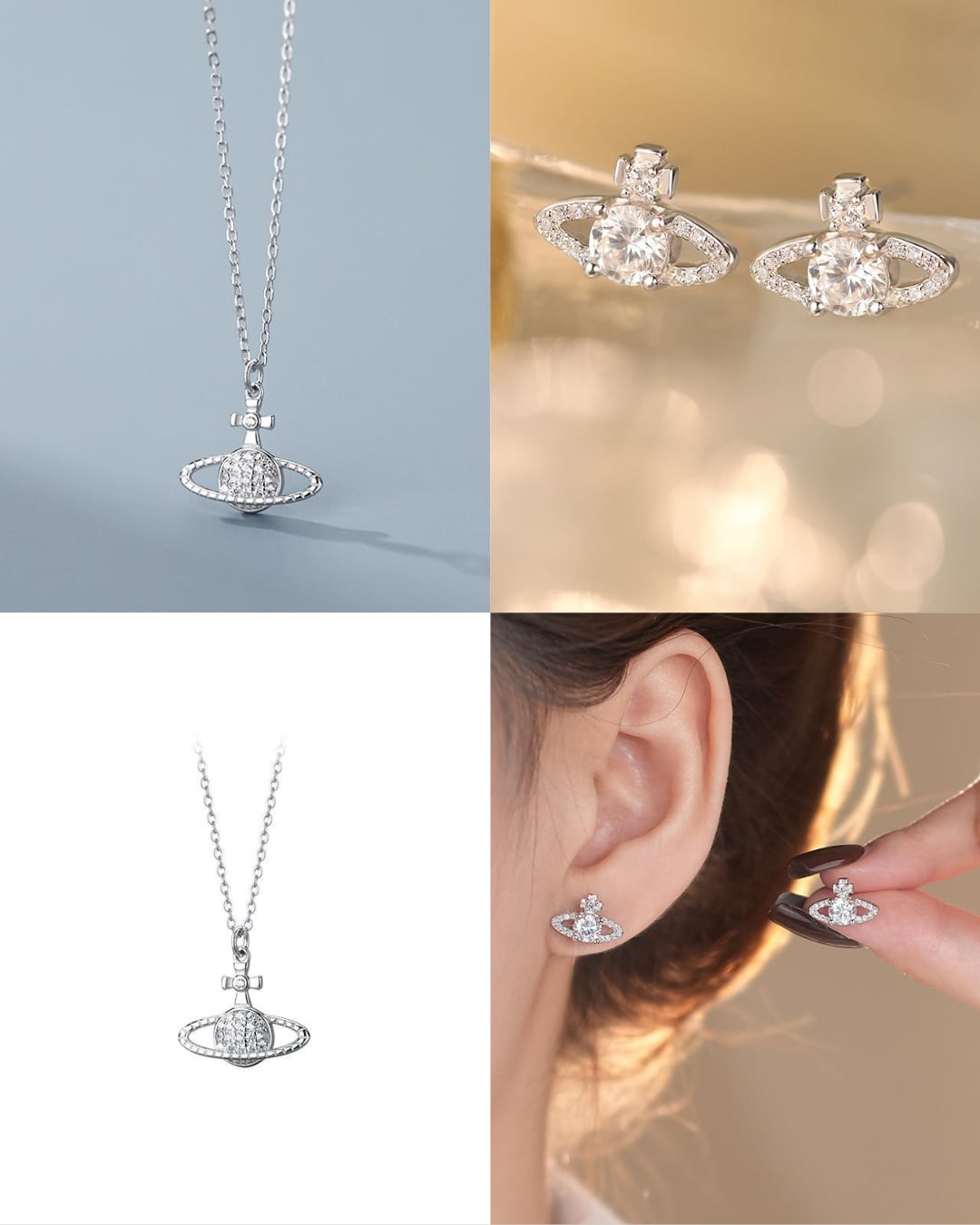 Silver 925 Saturn and zircon stone jewelry set with necklace and earring