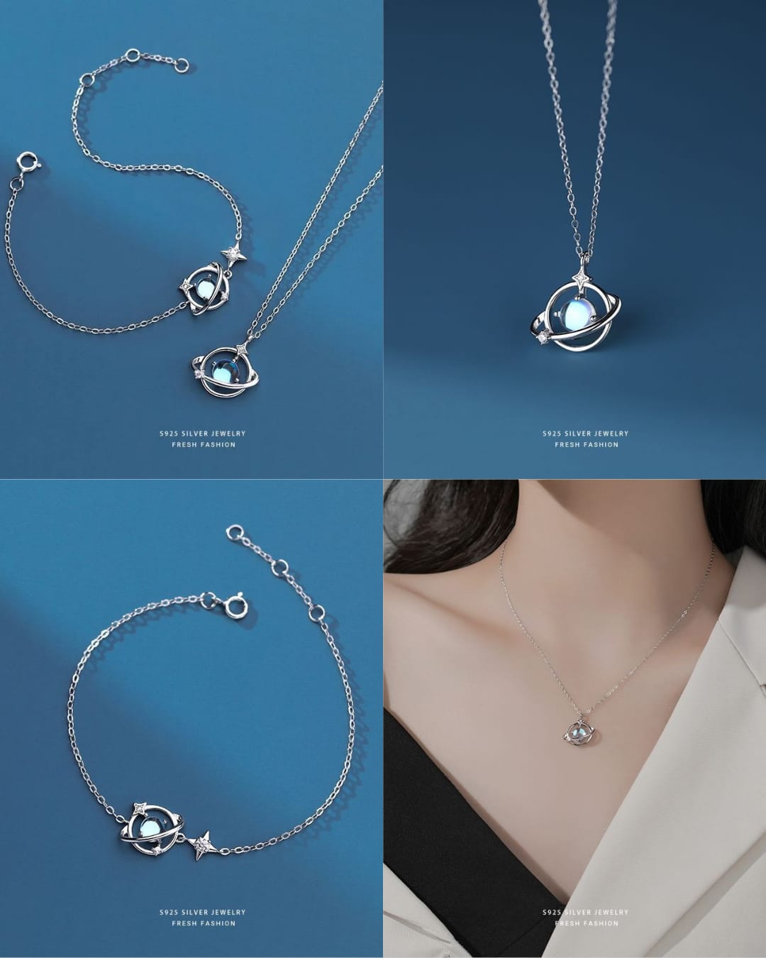 Silver 925 Saturn jewelry set with necklace and braclace
