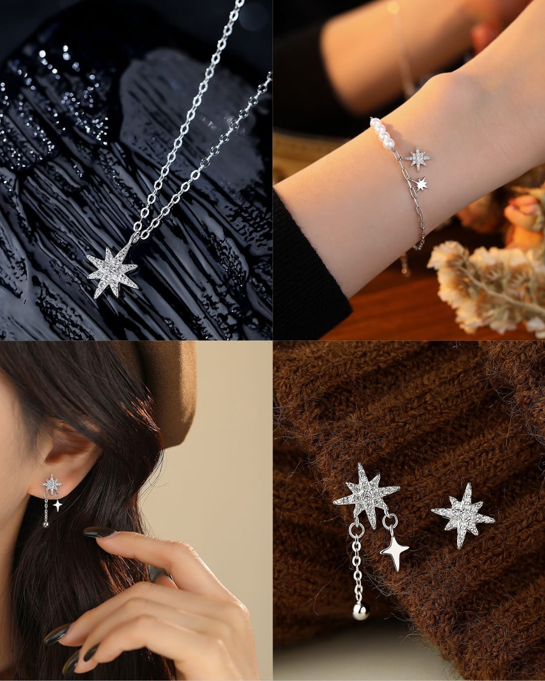 925 sterling silver eight-pointed star zircon jewelry set ~ necklace, bracelet, earrings ~