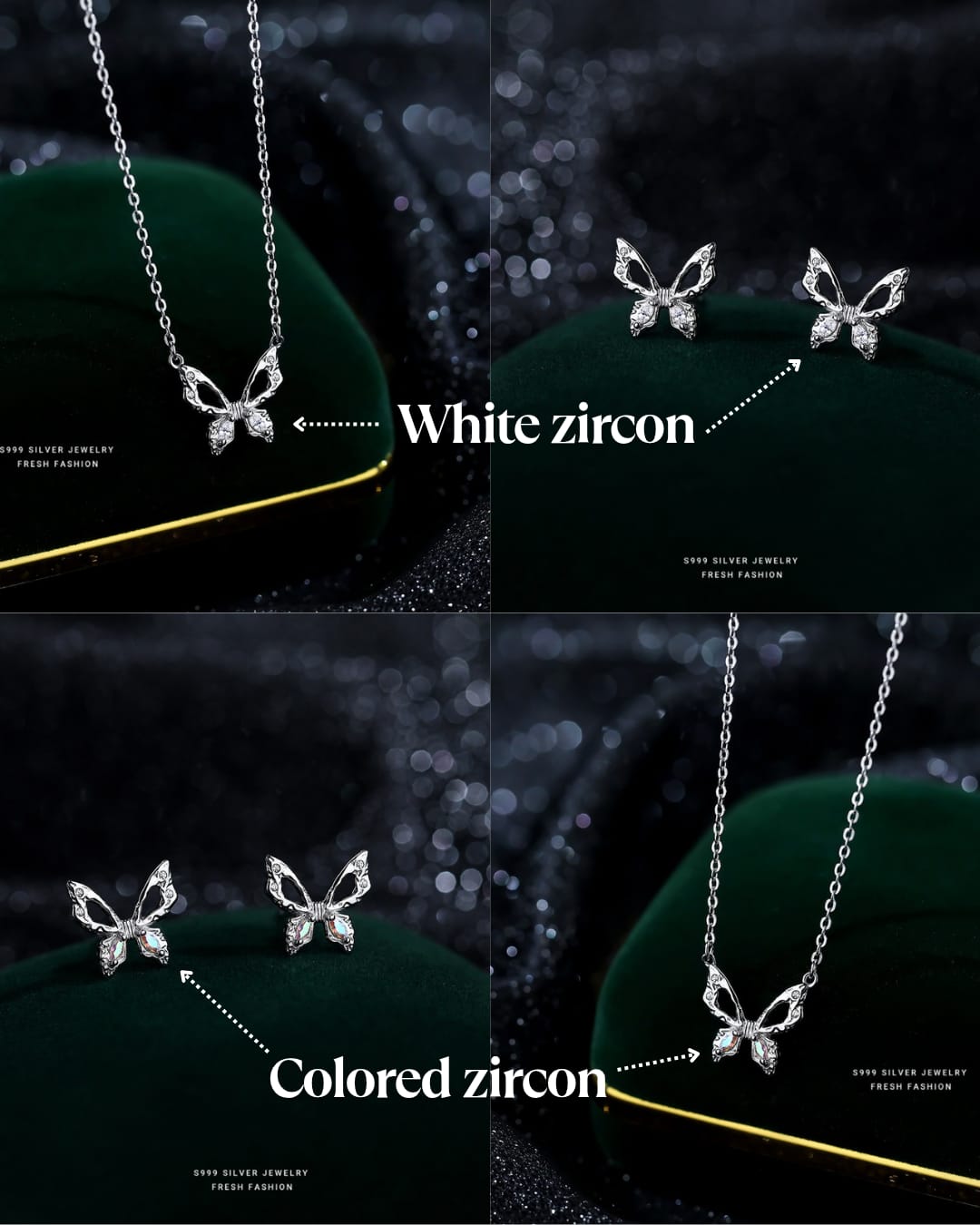 925 sterling silver butterfly hollow zircon jewelry set ~ necklace, earrings ~