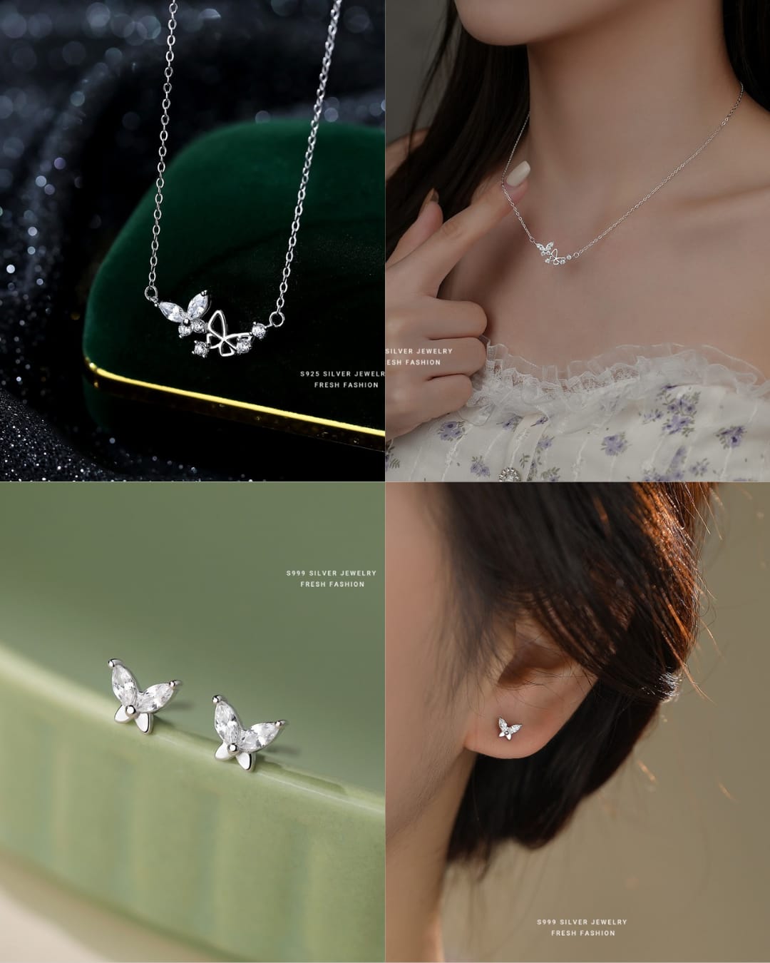 925 sterling silver butterfly zircon jewelry set ~ necklace, earrings ~