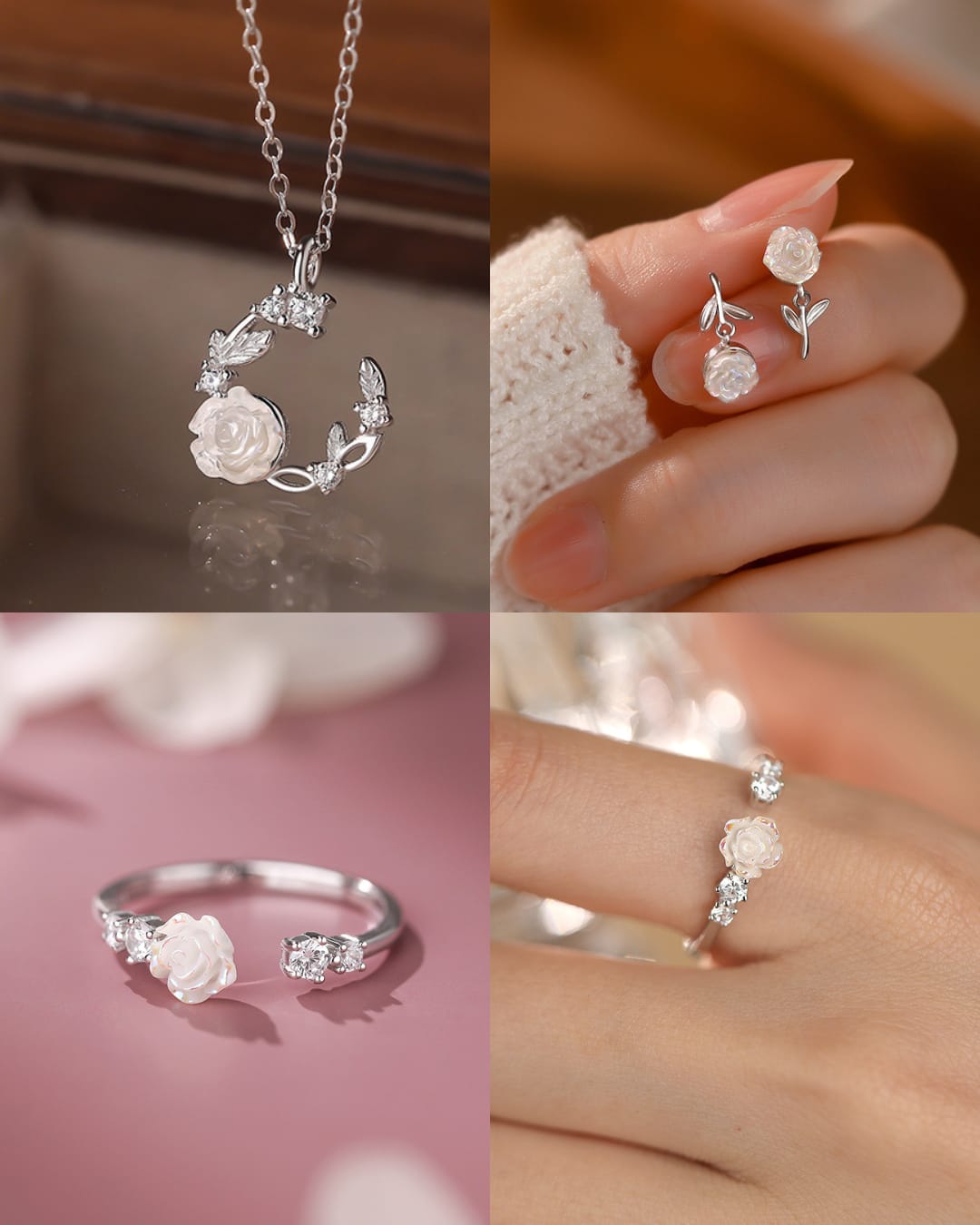 925 sterling silver rose zircon set ~ necklace earrings ring ~