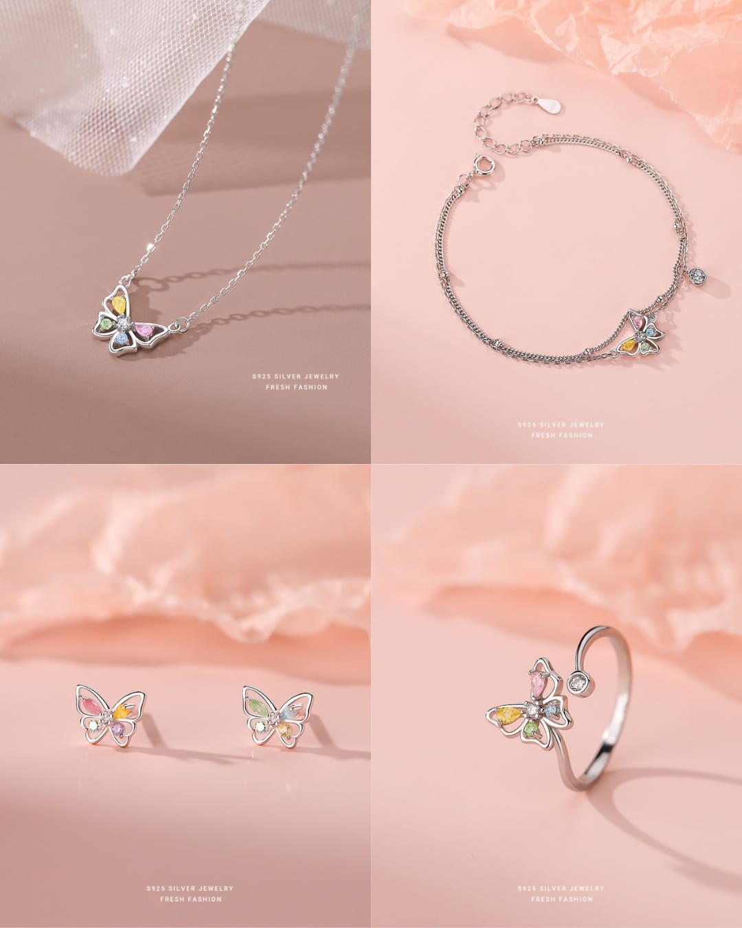 925 sterling silver butterfly colored zirconium jewelry set ~ necklace bracelet ring earrings ~