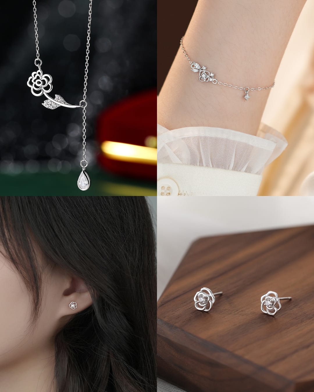 925 sterling silver exquisite rose zircon jewelry set ~ necklace bracelet earrings ~