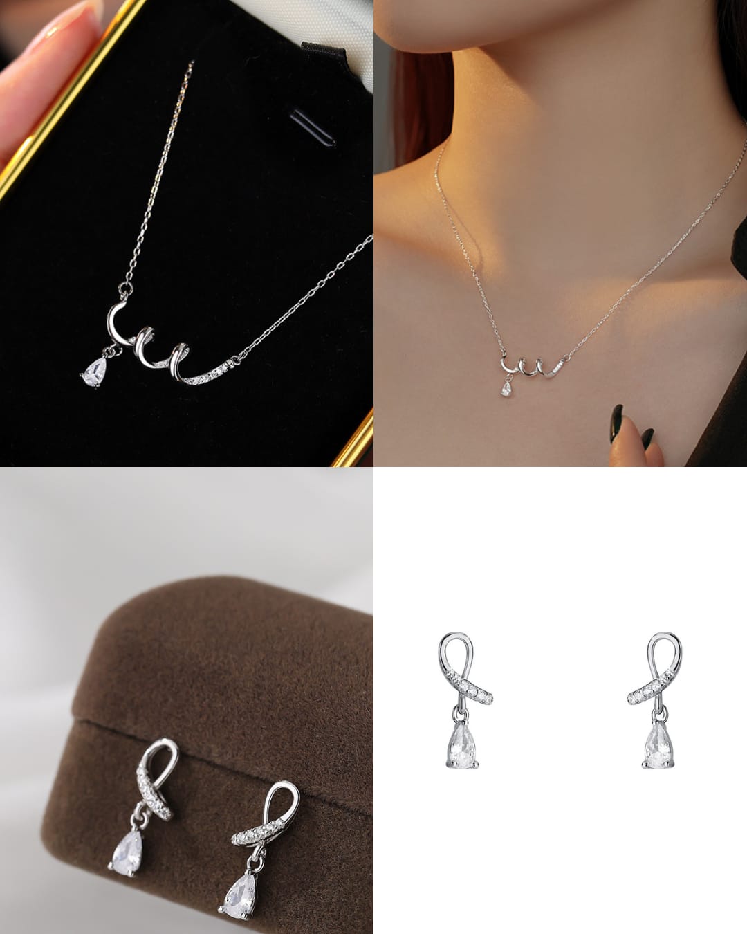 925 sterling silver geometric spiral water drop spiral jewelry set ~ necklace earrings ~