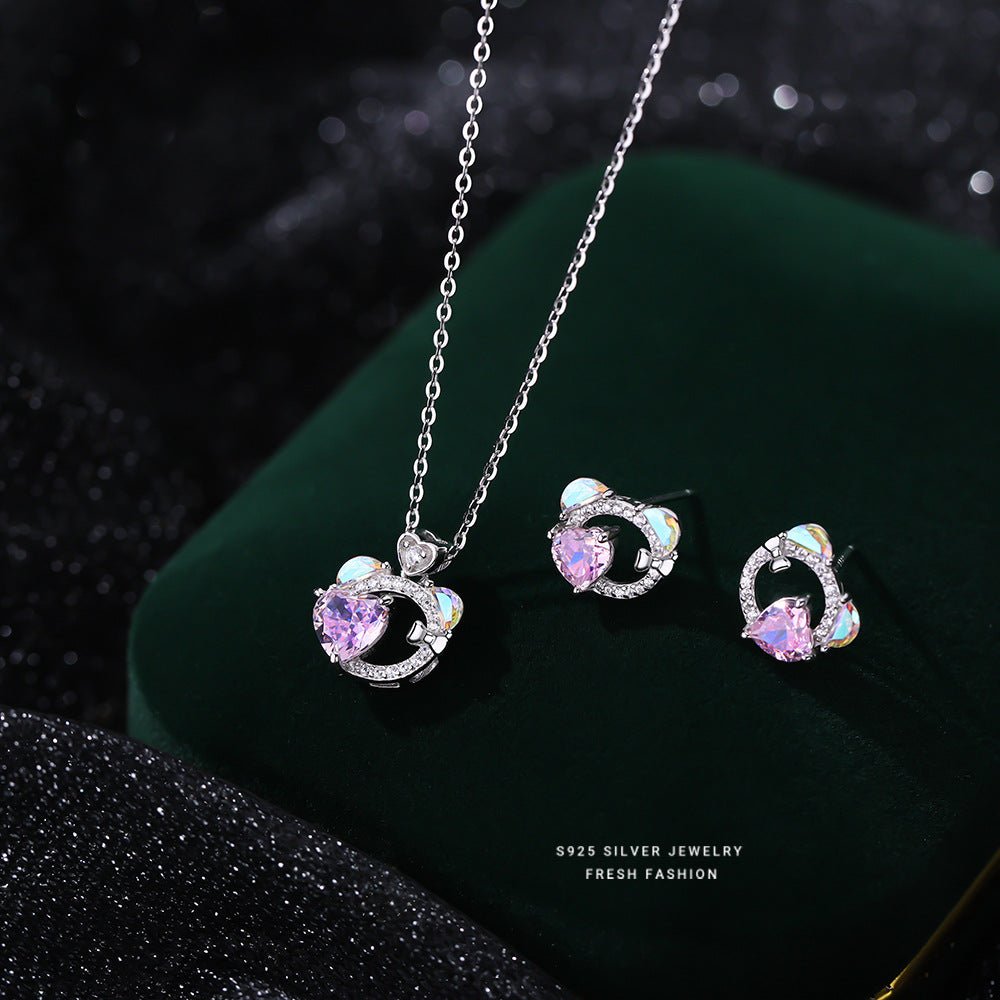 silver 925 set korean design Colorful love zircon bear set necklace and earrings!