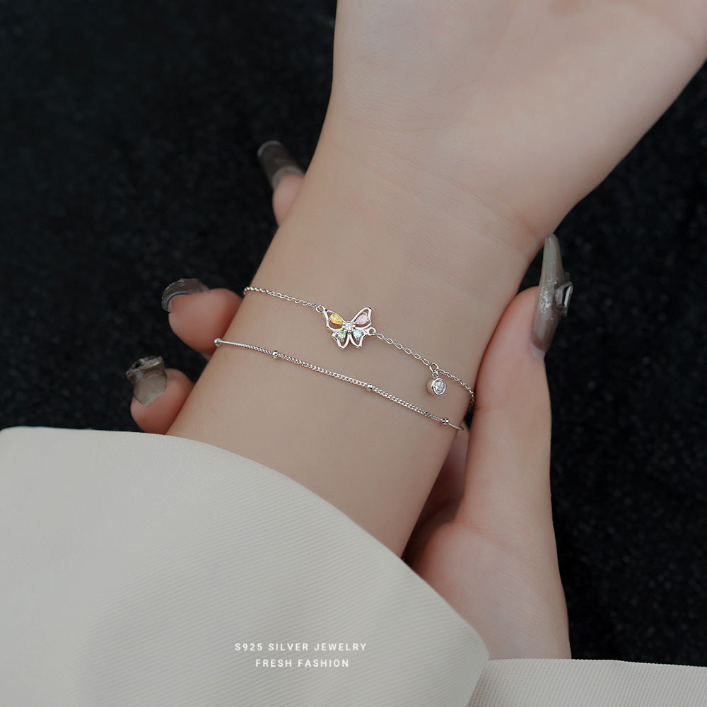 silver 925 bracelet Colorful zirconium butterfly double layer design!