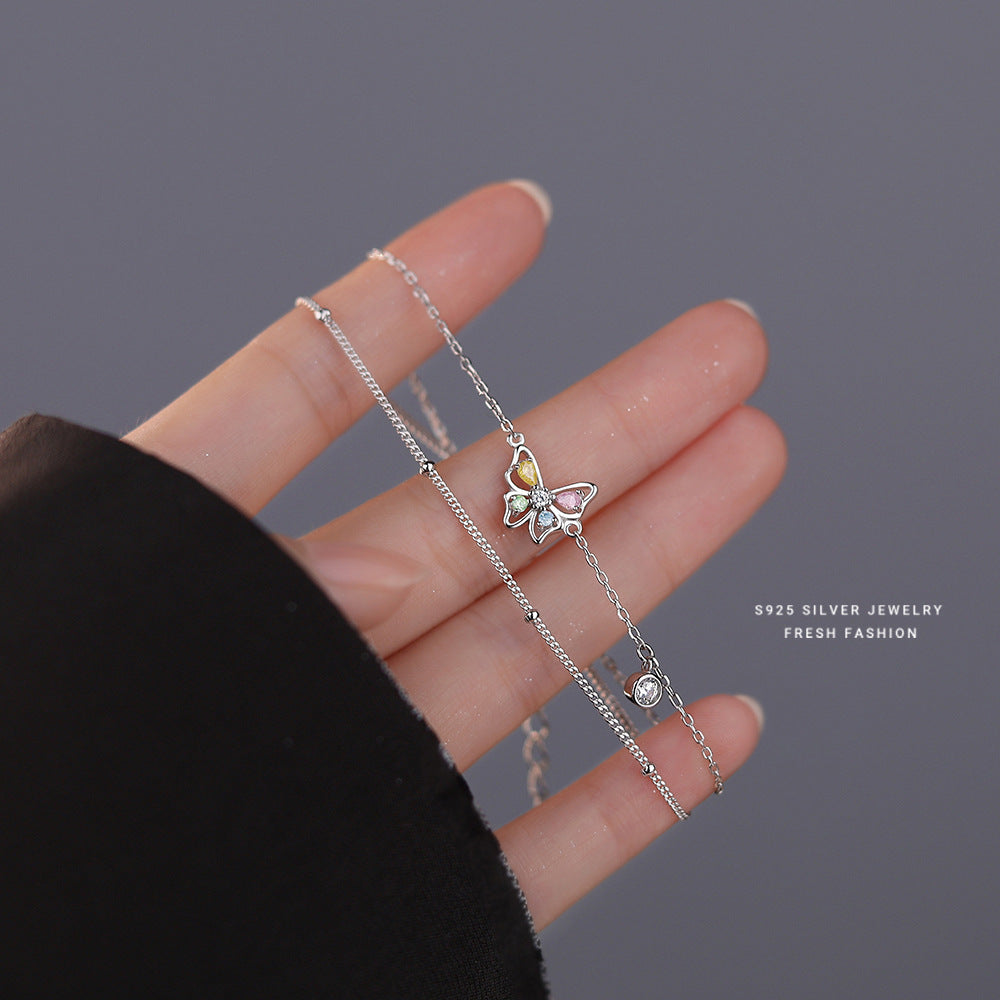 silver 925 bracelet Colorful zirconium butterfly double layer design!
