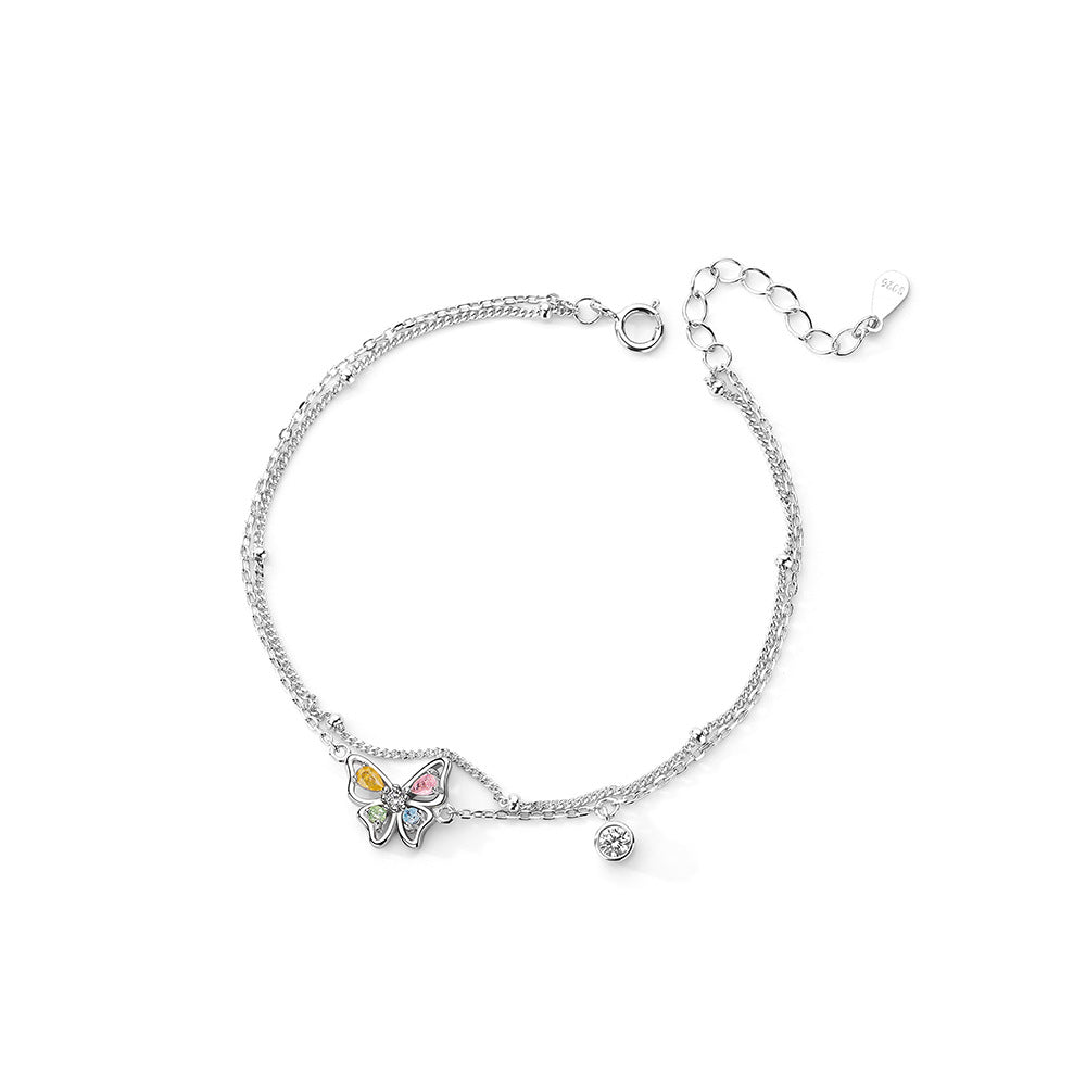 silver 925 bracelet Colorful zirconium butterfly double layer design!