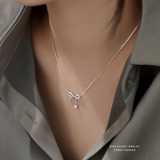 Silver999 necklace korean design bow with zircon