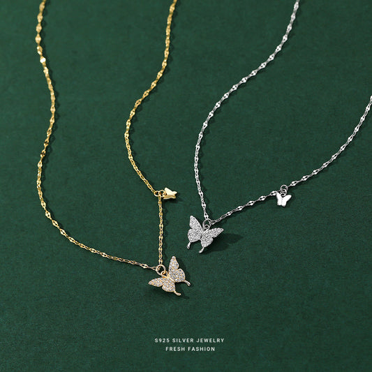 silver 925 necklace korean design Zirconia double butterfly design!