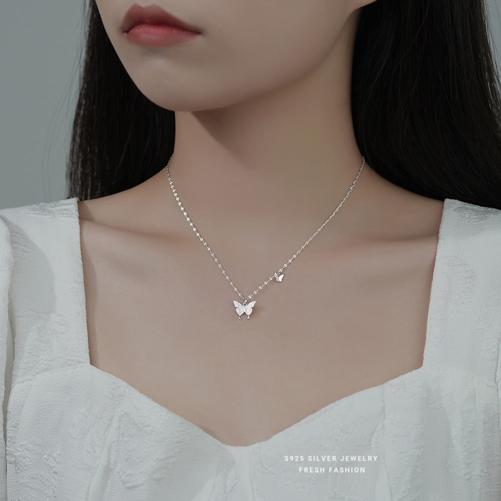 silver 925 necklace korean design Zirconia double butterfly design!