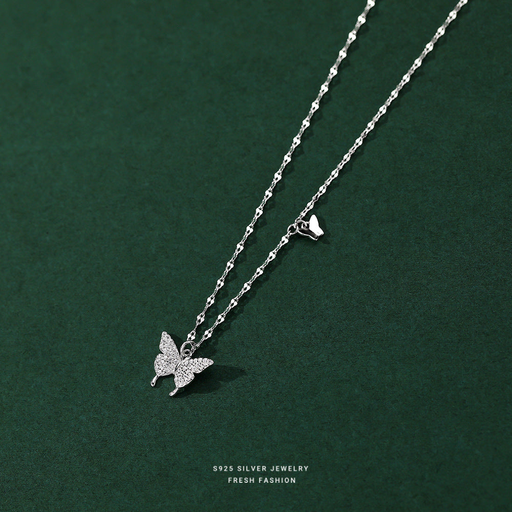 silver 925 necklace korean design Zirconia double butterfly design!