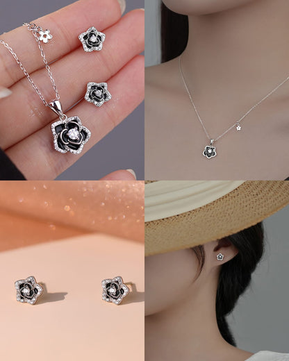 925 Sterling Silver Black Camellia Swirl Jewelry Set ~ Necklace Earrings ~
