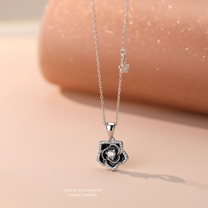 925 Sterling Silver Black Camellia Swirl Jewelry Set ~ Necklace Earrings ~