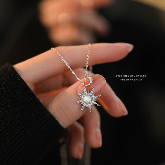 silver 925 necklace korean design Sun and Moon Opal Design!