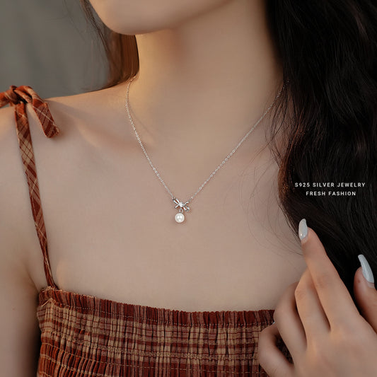 silver 925 necklace korean design bow shell pearl design!