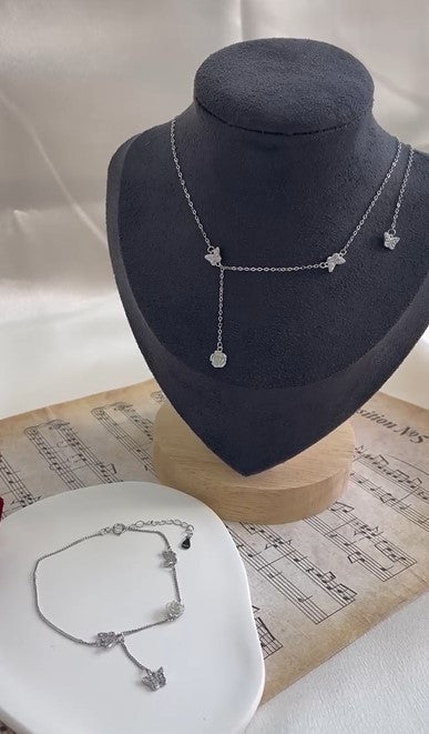 925 sterling silver simple flower butterfly zircon jewelry set ~ necklace bracelet ring ~