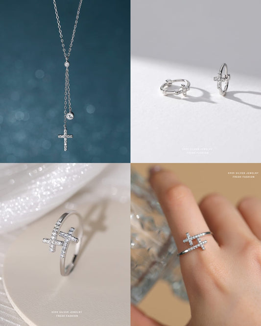 Silver 925 cross jewelry set with necklace earrings and ring