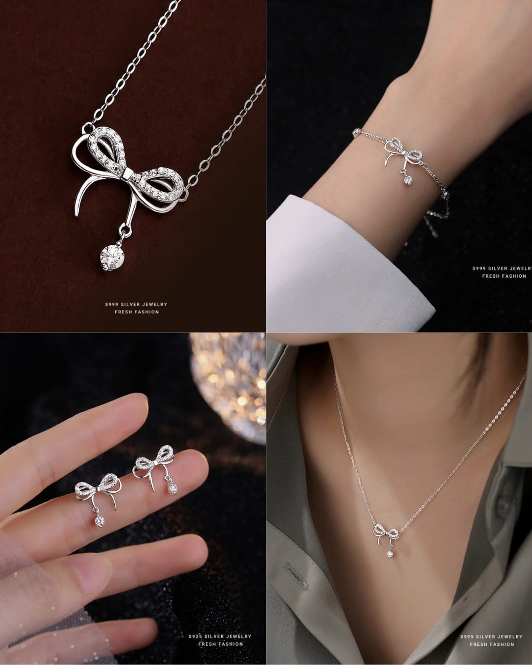 Silver 925 bow jewelry set with necklace braclace and earrings