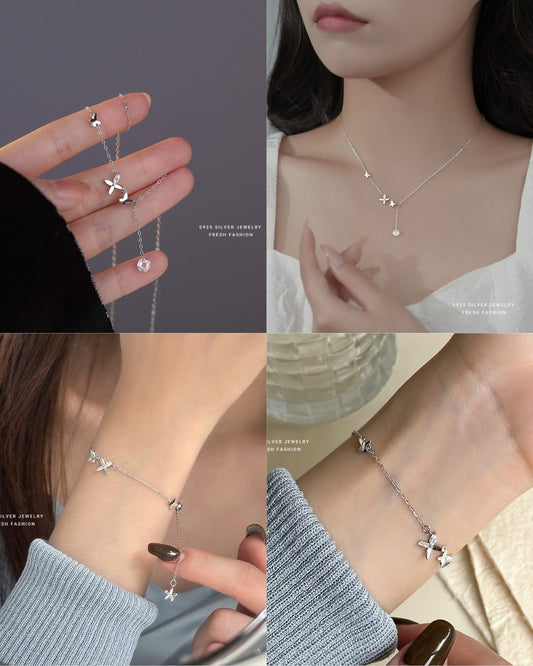Silver 925 butterfly and flower necklace and bracelet~