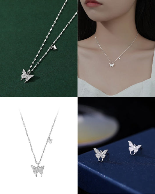 Silver 925 butterfly special design full zircon set necklace with earrings~