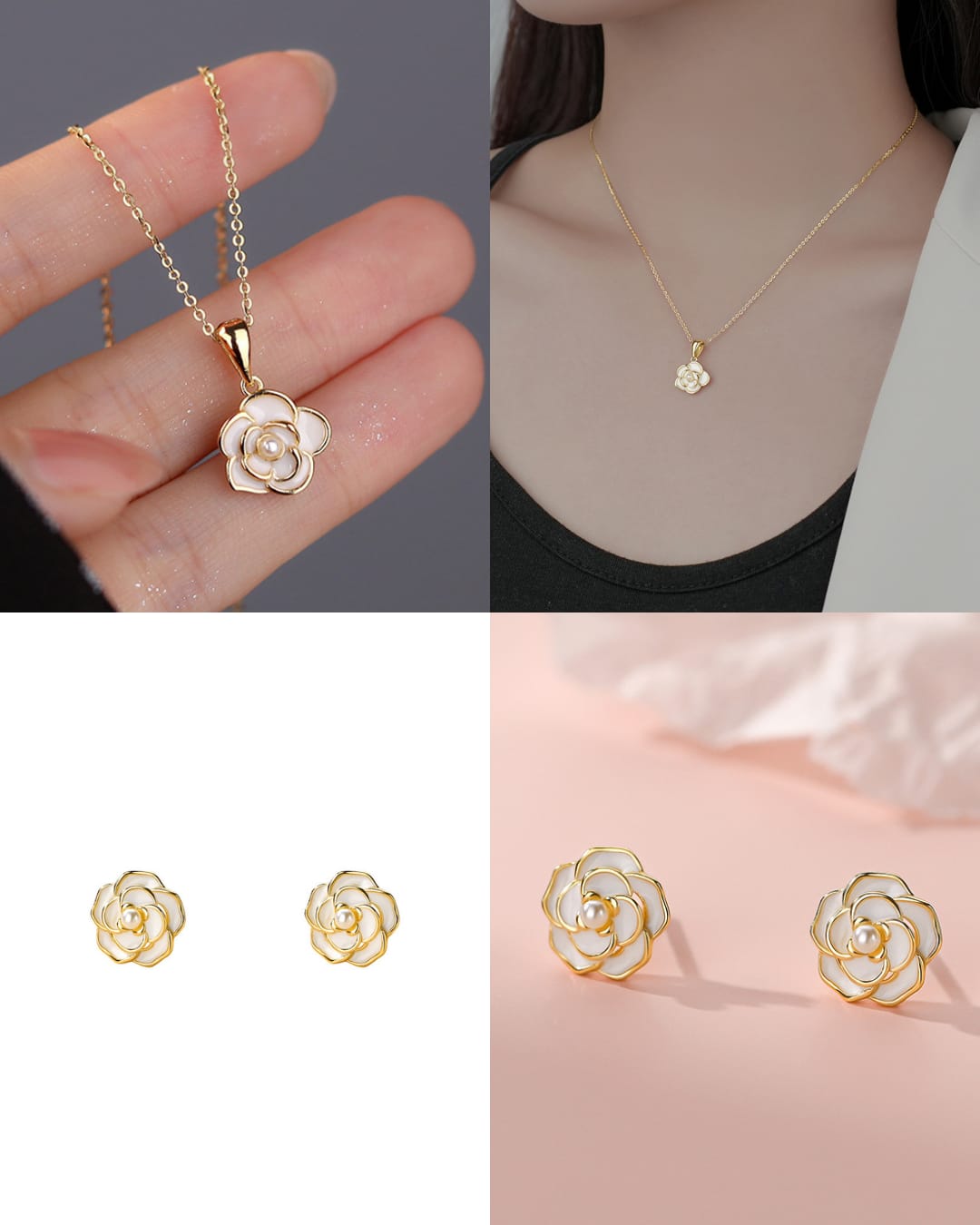 Silver 925 White camellia design necklace with earrings!