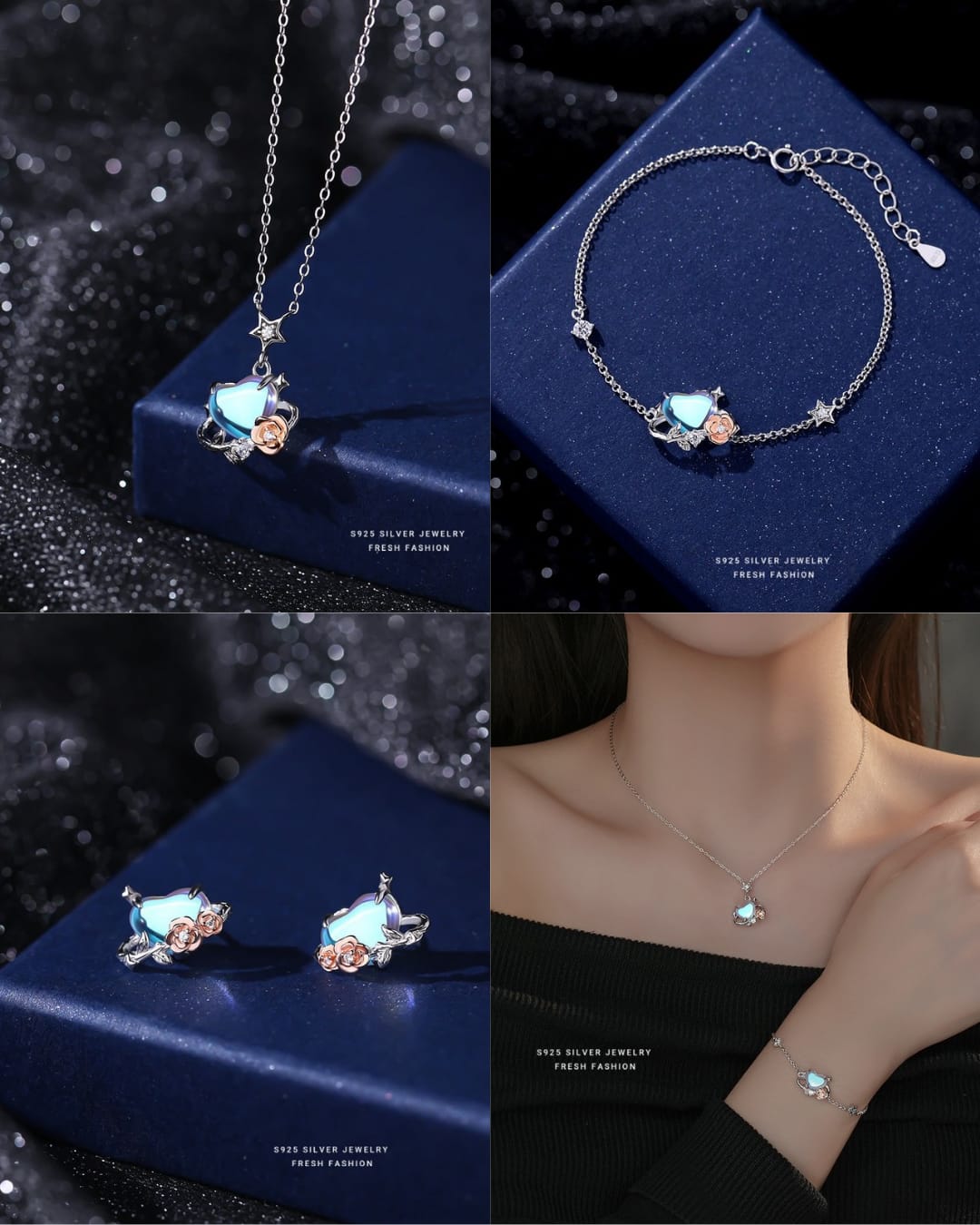 925 sterling silver love rose planet jewelry set ~ necklace bracelet earrings ~