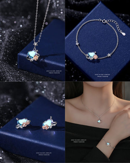 925 sterling silver love rose planet jewelry set ~ necklace bracelet earrings ~
