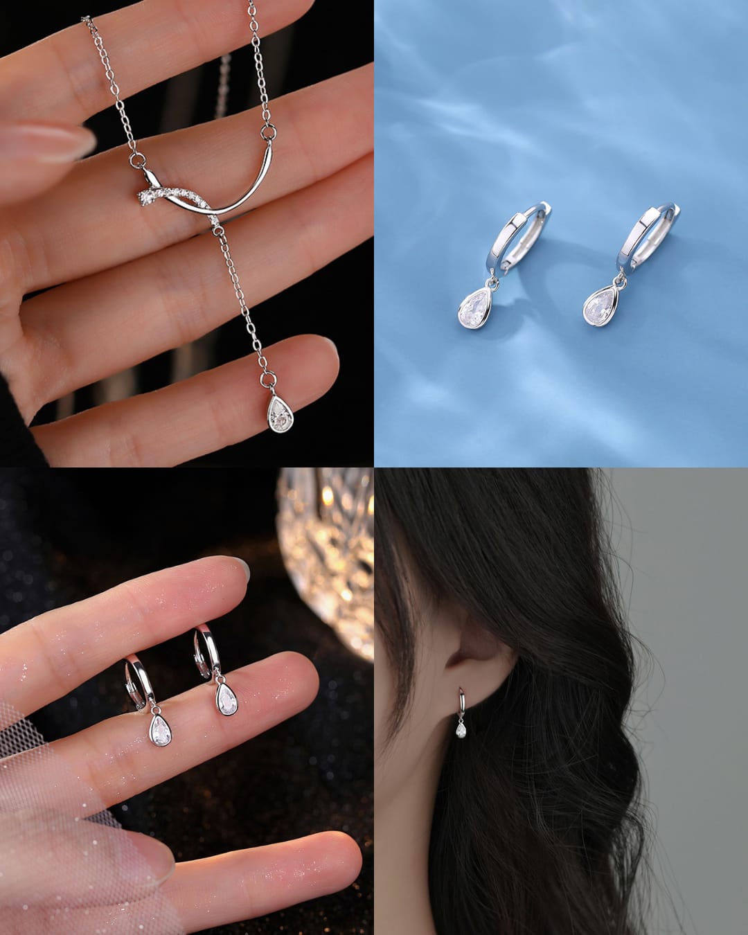 925 sterling silver water drop curve exquisite jewelry set ~ necklace earrings ~